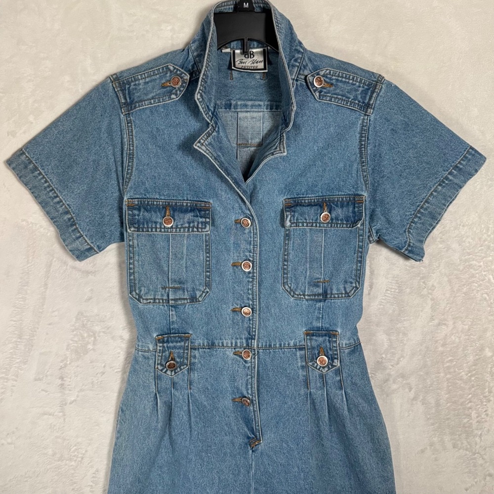 Vintage Bill Blass Denim Romper Jean Jumpsuit Medium P Utility Safari Nautical - Picture 3 of 15